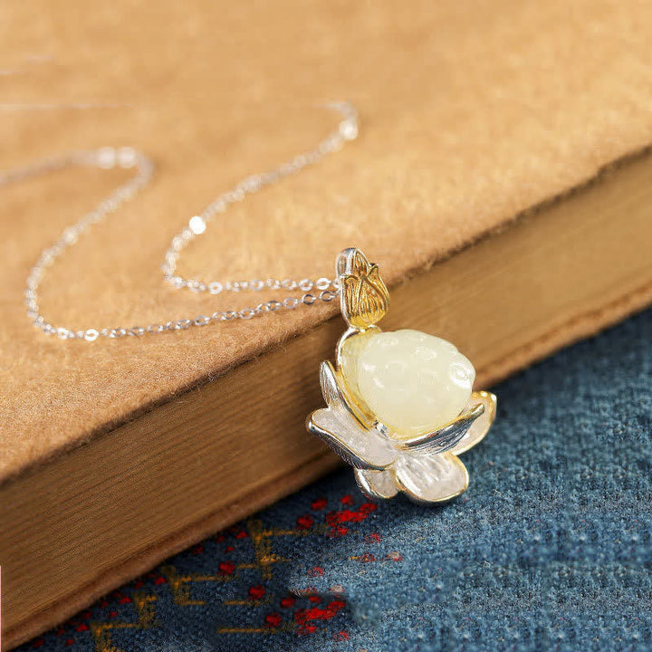 Kette Weiße Jade Lotus Glück Silber Anhänger