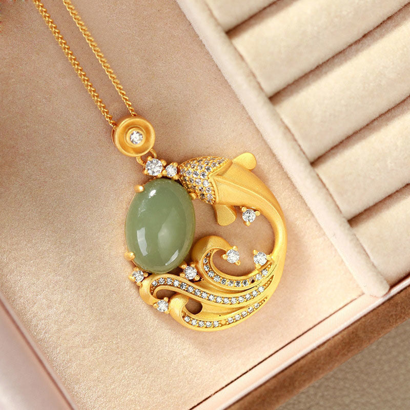 Kette Jade Koi Heilstein – Heilung & Frieden – Bild 6 – Goldene Kette Jade Koi Anhänger Naturstein Heilstein Schmuck elegant