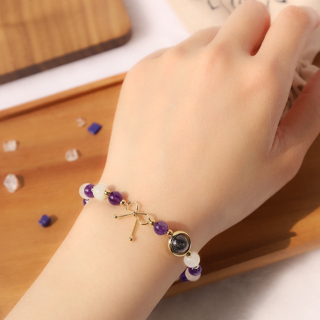 Amethyst Katze Armband mit Mondstein lila Naturstein elastisch Handgelenk