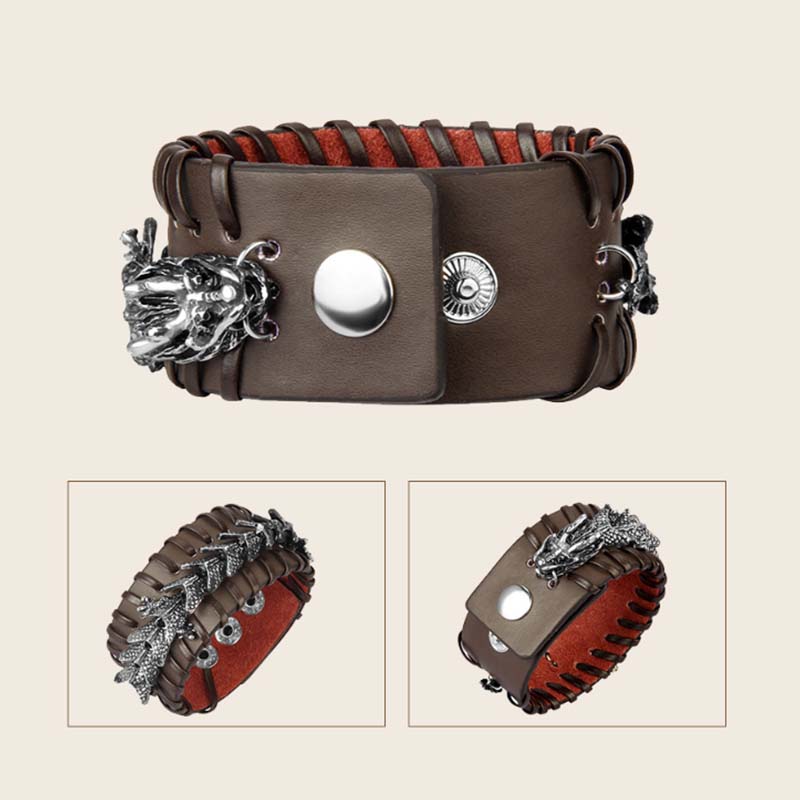 Armband Drachen braun Leder Metallverzierung Schutz Harmonie elegant