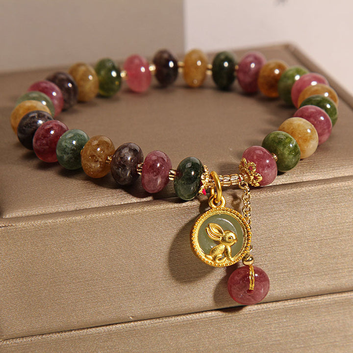 Armband Bunt Tourmaline Hase Goldener Anhänger Naturstein elastisch
