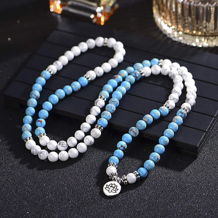 Armband Türkis Lotus – Segen, weiße und blaue Perlen Naturstein