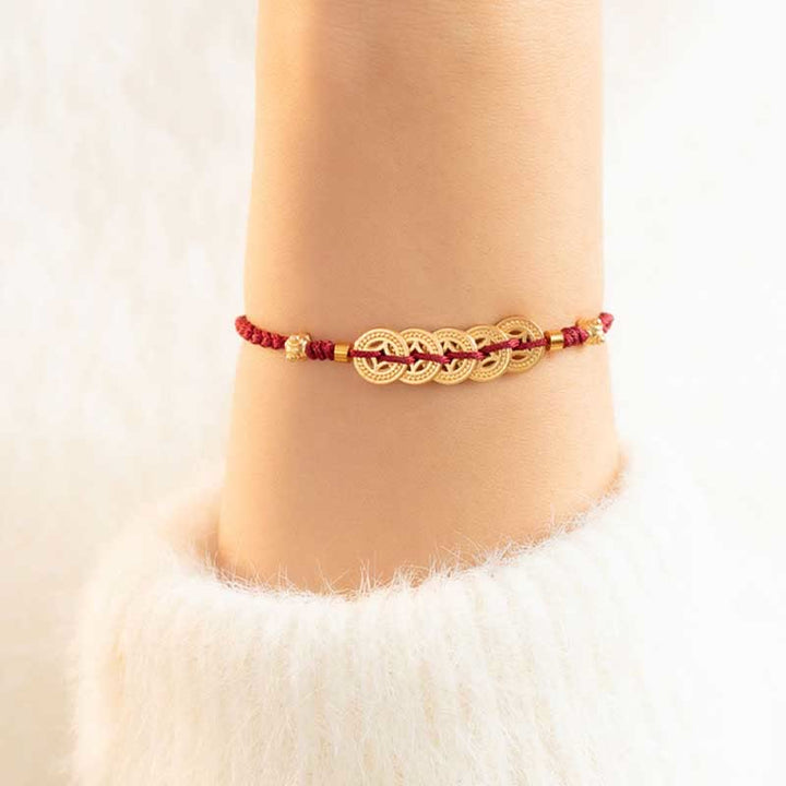 Armband Kupfer – Glück & Stärke rotes Perlenarmband goldene Münzen elegant