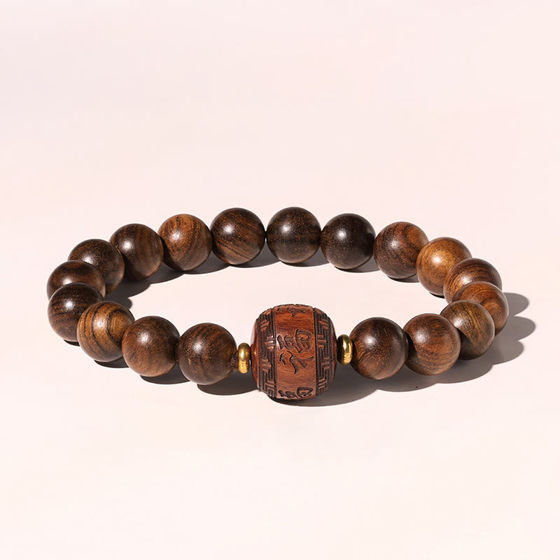 Armband Rosenholz Fu-Zeichen braune Holzperlen elastisch geschnitzt