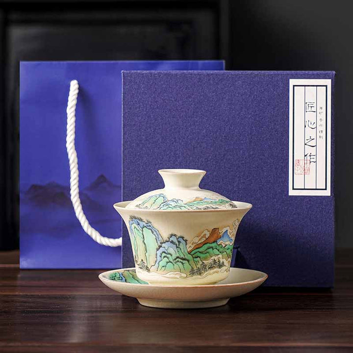 Teetassen Mit Untertassen Gaiwan Sancai Keramik Fluss- und Bergpanorama mit Geschenkbox