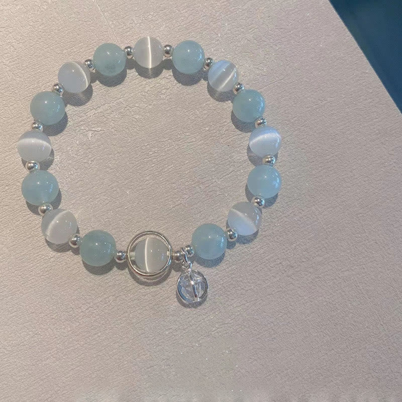 Aquamarin Armband 925 Silber mit Katzen-Anhänger eleganter Naturstein