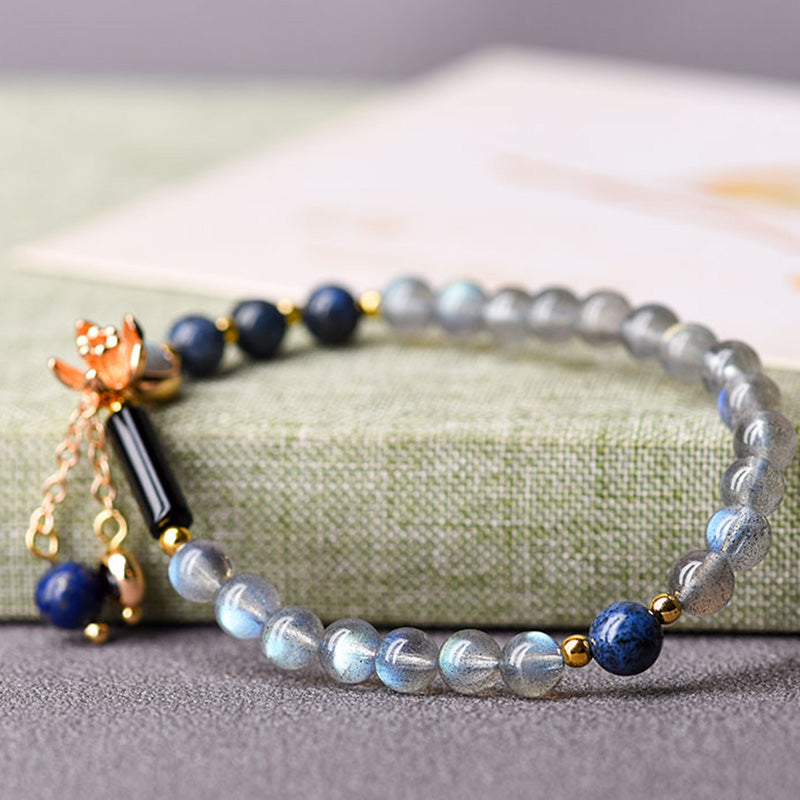 Armband Mondstein mit blauen Perlen Naturstein elastisch Heilung Ruhe