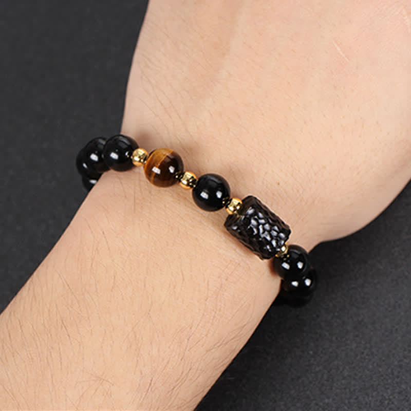 Armband Schwarzer Obsidian Tigerauge Paar Stärke elastisch Naturstein