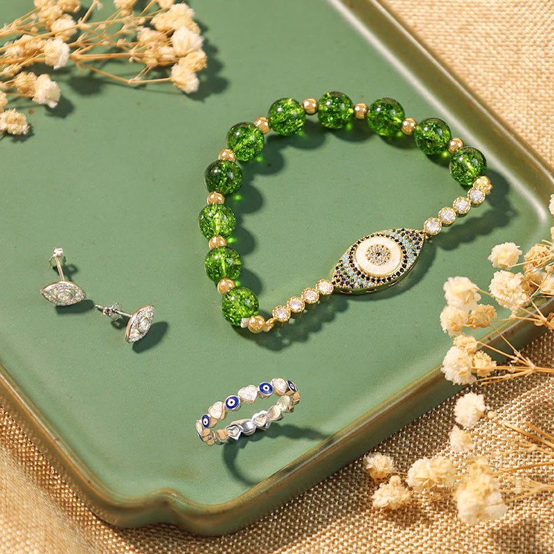 Grünes Armband Böses Auge – Glück mit Kristallperlen Goldakzenten elegant