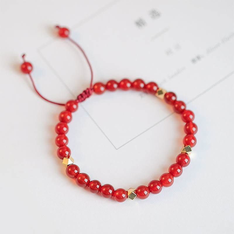 Rotes Achat Armband mit goldenen Perlen Drawstring Verschluss