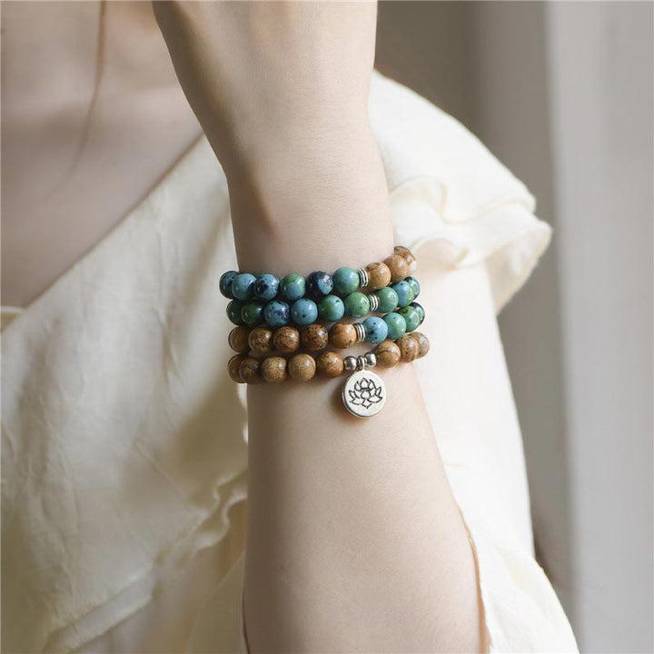 Mala 108 Perlen Mehrschichtig – Heilung Armband Naturstein blau braun Lotus Charm