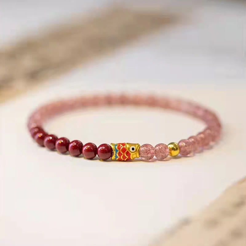 Armband Erdbeerquarz Zinnober Koi Fisch elastisch Naturstein Perlen