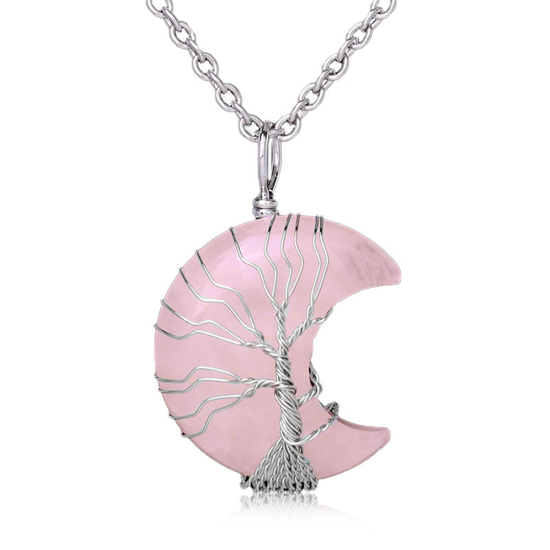 Rosenquarz Mond Anhänger Lebensbaum Silber Kette Heilstein Schmuck