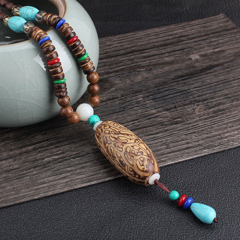 Anhänger Kette Tibetischer Bodhi Achat Harmonie Holzperlen