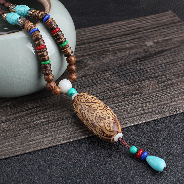 Anhänger Kette Tibetischer Bodhi Achat Harmonie Holzperlen