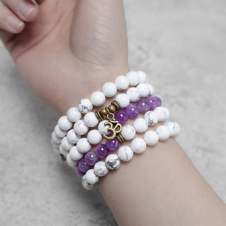 Mala Armband Amethyst Weiß Stein Perlen Om Charm Handgelenk
