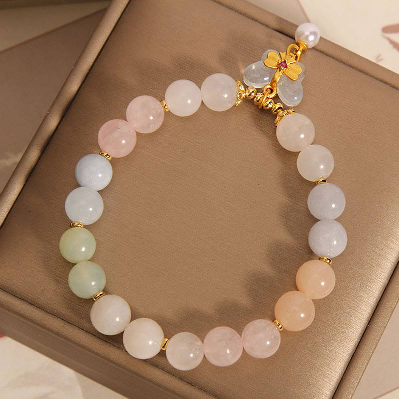 Armband Schmetterling Balance Rosenquarz Perlen Gold Charm elegant.