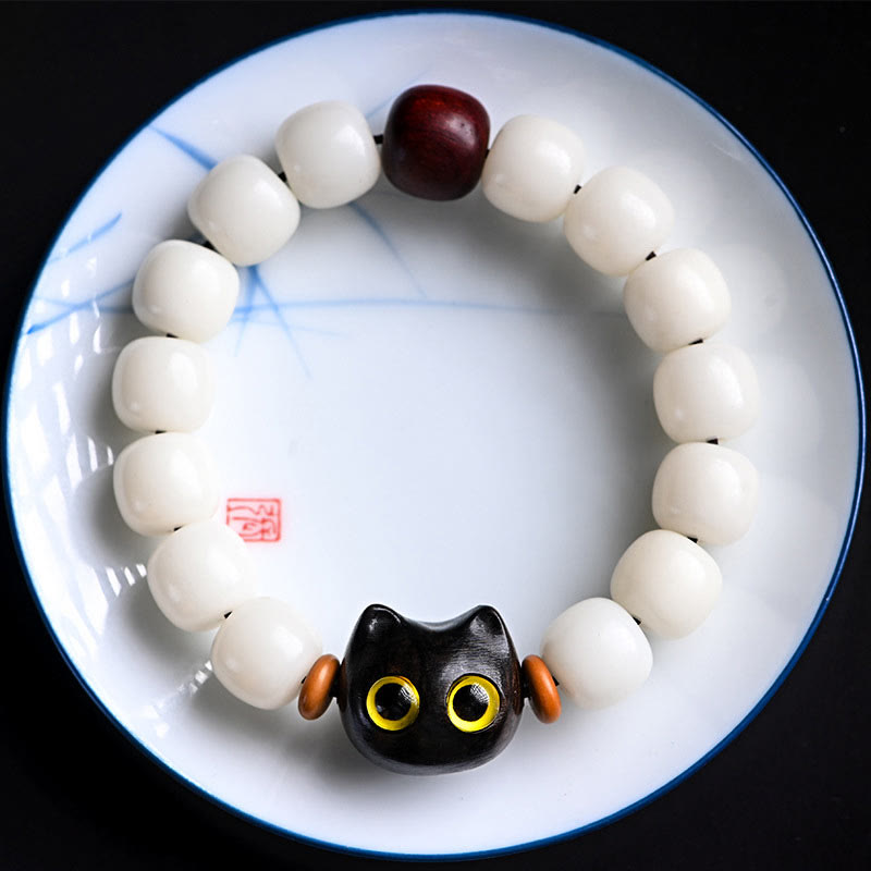 Armband Sandelholz Bodhi Katze – Glück mit weißen Perlen schwarze Katze