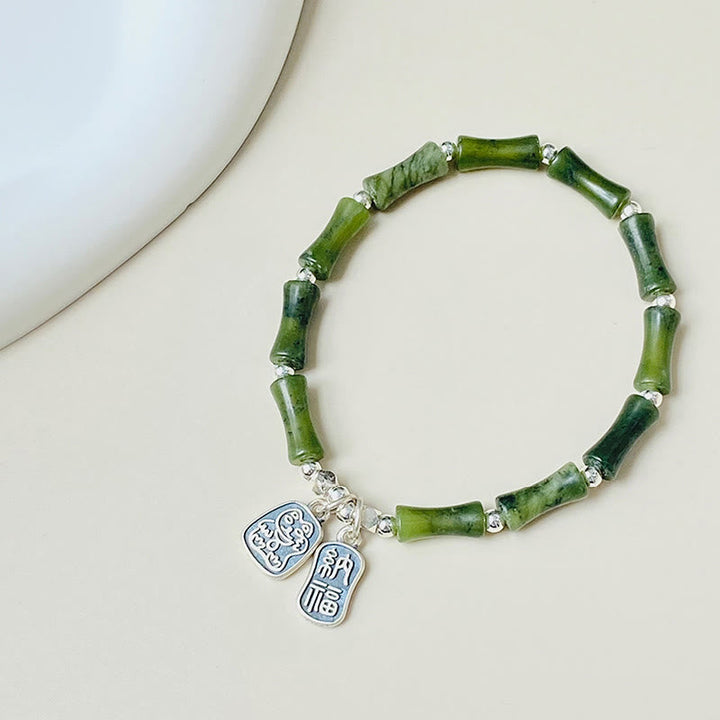 Grünes Jade Armband 925 Silber mit Fu-Zeichen Anhängern Glück Fülle.
