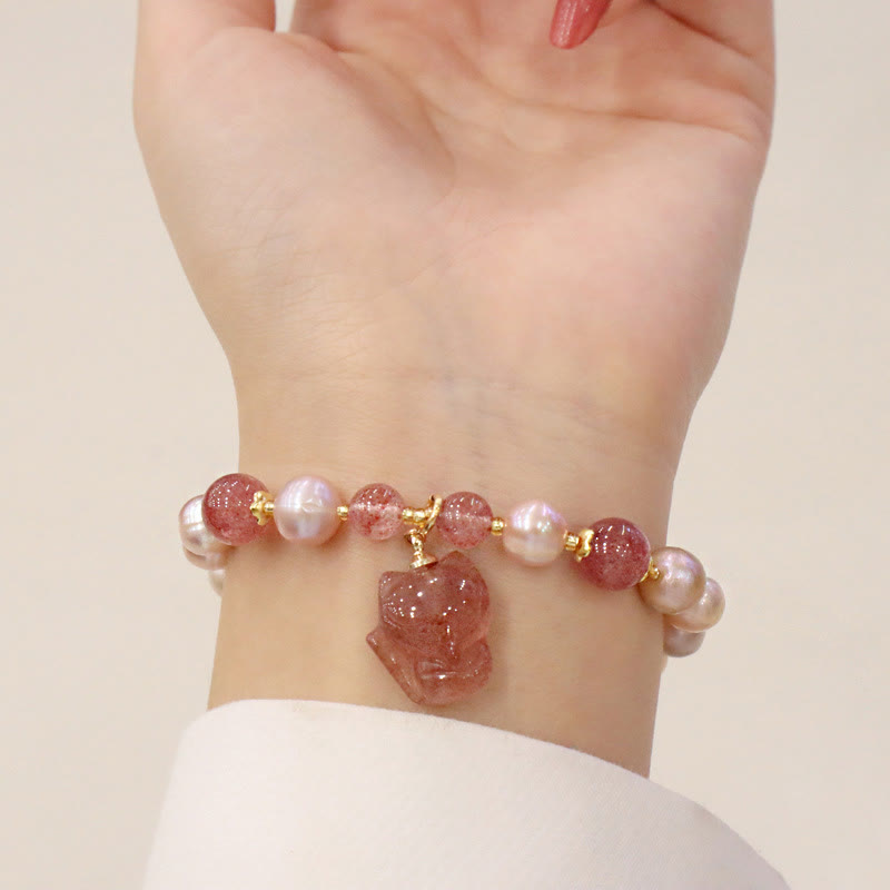 Armband Erdbeerquarz Perle Fuchs Heilung Liebe elastisch Naturstein Rosa