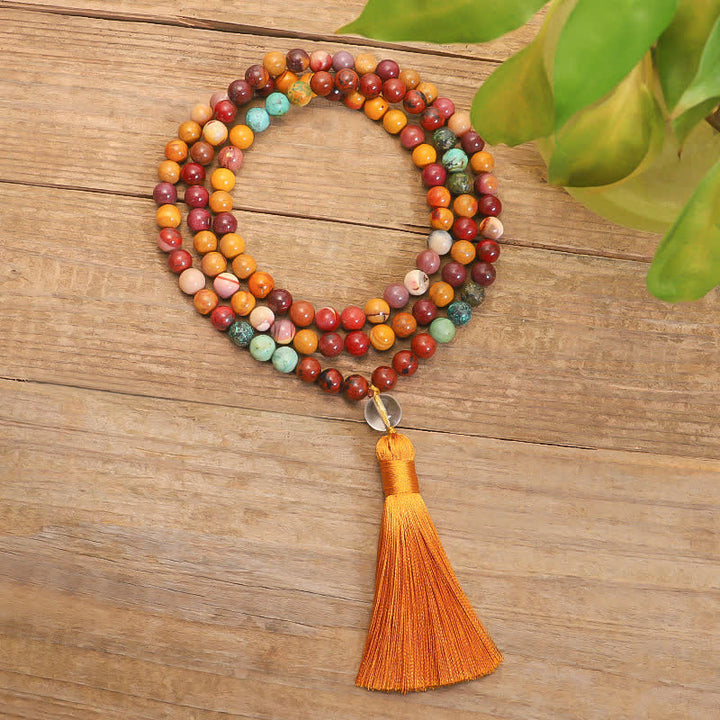 Mala 108 Perlen Mookaite Emotional Armband mit orange Quaste Holz.