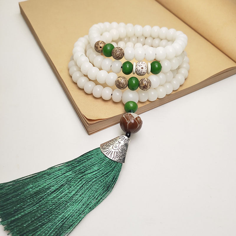Weiße Jade Mala 108 Perlen Bodhi Grüne Quaste Meditation Schmuck