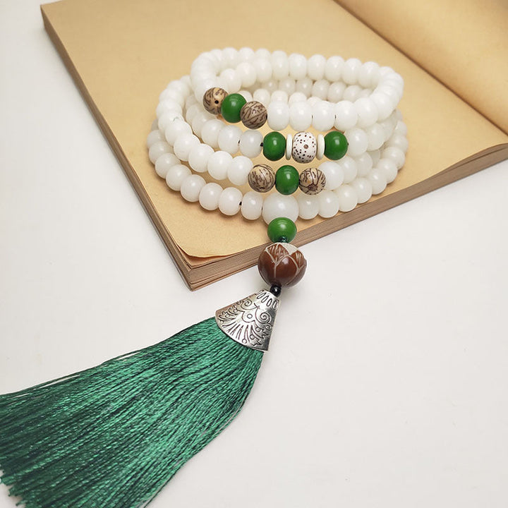 Weiße Jade Mala 108 Perlen Bodhi Grüne Quaste Meditation Schmuck