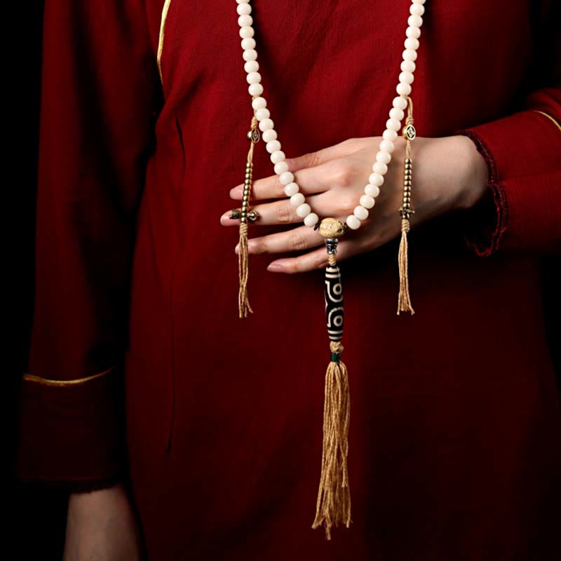 Mala Achat Bodhi Wohlstand Halskette weiße Perlen goldene Quasten