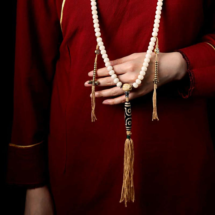 Mala Achat Bodhi Wohlstand Halskette weiße Perlen goldene Quasten