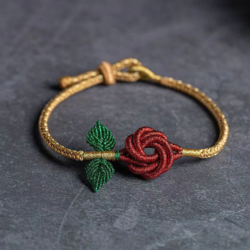 Armband – Glück & Frieden & Energie mit rote Blume und grüne Blätter goldfarben
