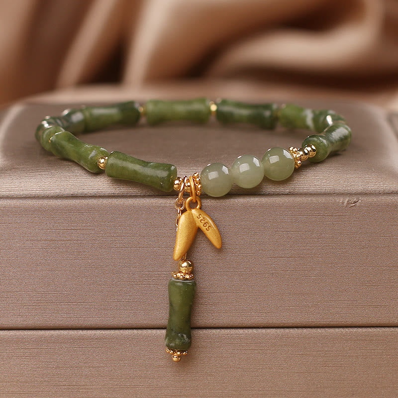 Armband Jade Bambus – Glück & Wohlstand grüne Steine Gold elastisch