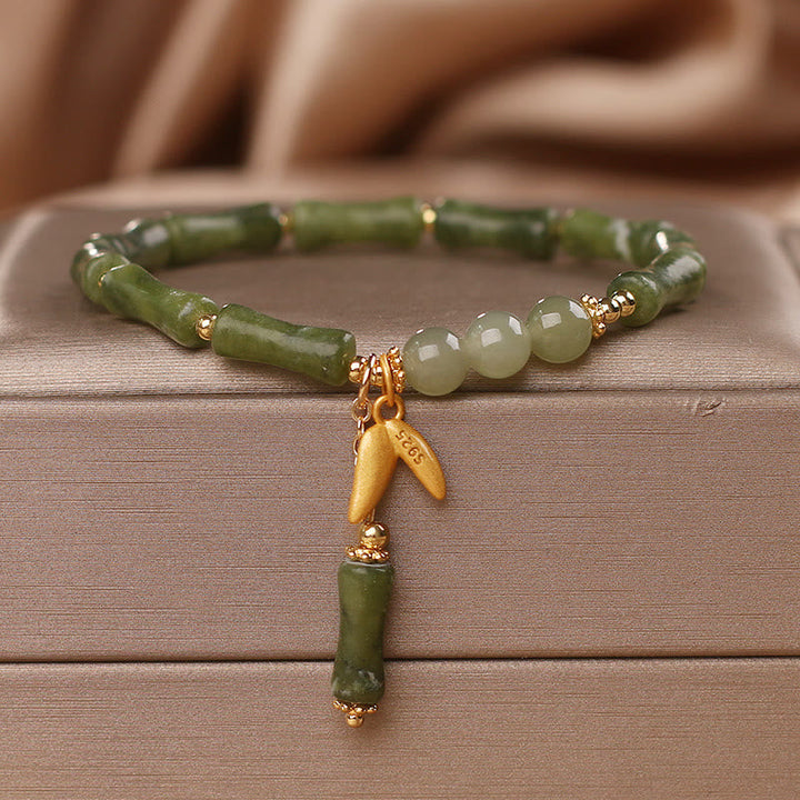 Armband Jade Bambus – Glück & Wohlstand grüne Steine Gold elastisch