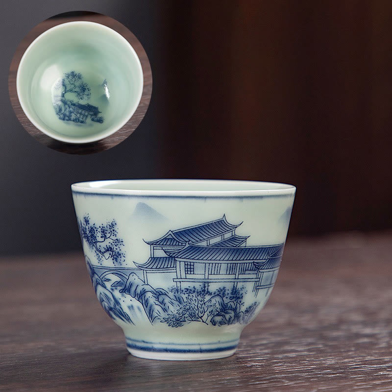Teetasse Mit Henkel Blaue Landschaft Lotus Katze Pavillons