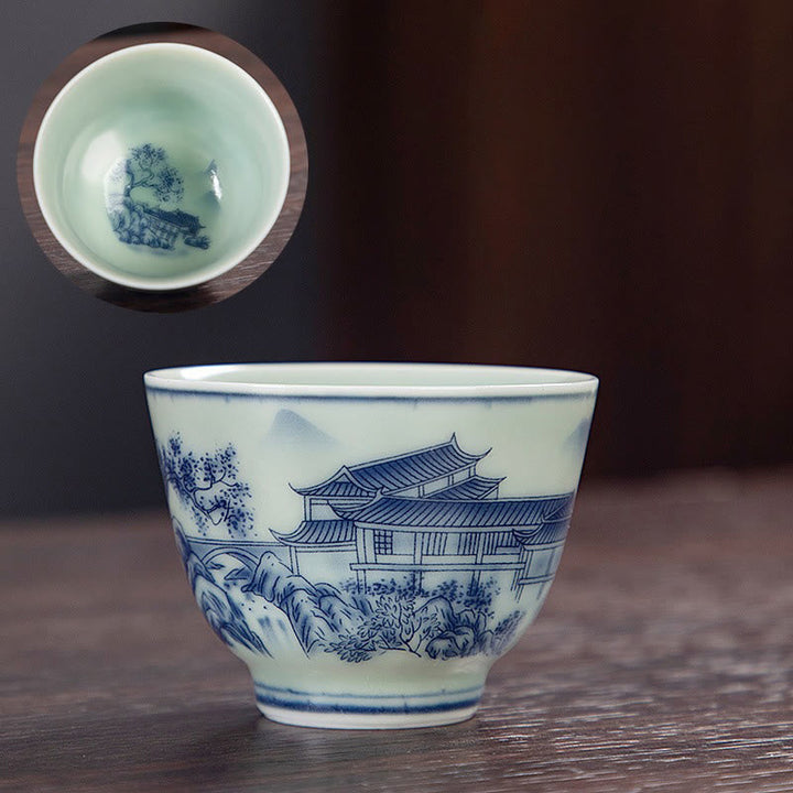 Teetasse Mit Henkel Blaue Landschaft Lotus Katze Pavillons