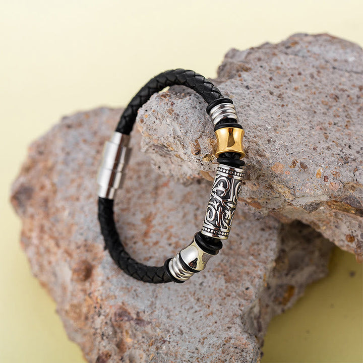 Schwarzes Lederarmband Tang Dynastie Blume Glück Silber Verschluss Stein