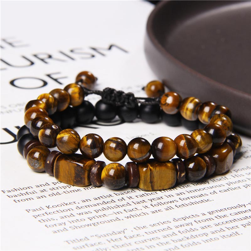 Armband Tigerauge Hämatit – Mut mit schwarzem Knotenverschluss