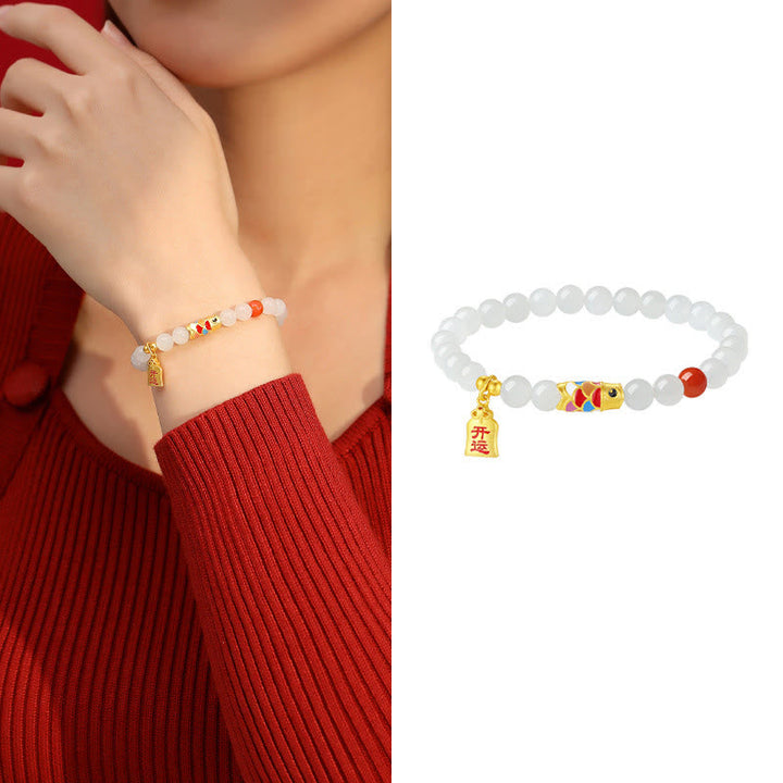 Armband 925 Silber Weiße Jade Koi Fisch – Glück