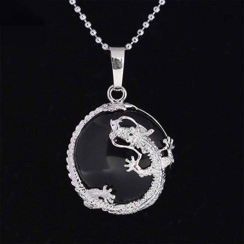 Silberne Drachenkette mit schwarzem Onyx Anhänger Naturstein