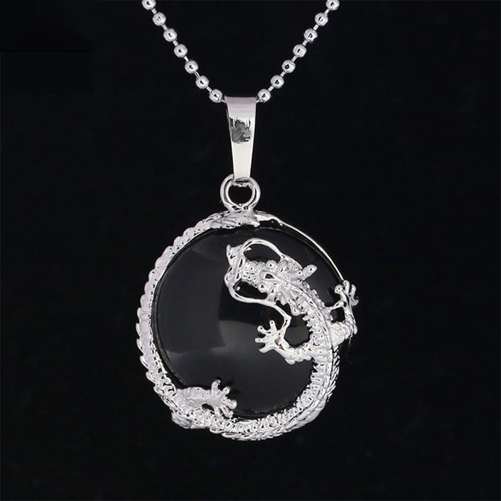 Silberne Drachenkette mit schwarzem Onyx Anhänger Naturstein