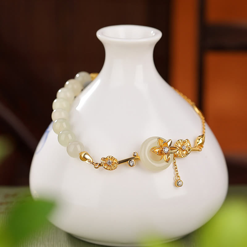 Jade Lotus Armband 925 Silber goldfarben Perlen elegantes Schmuckstück Glück.