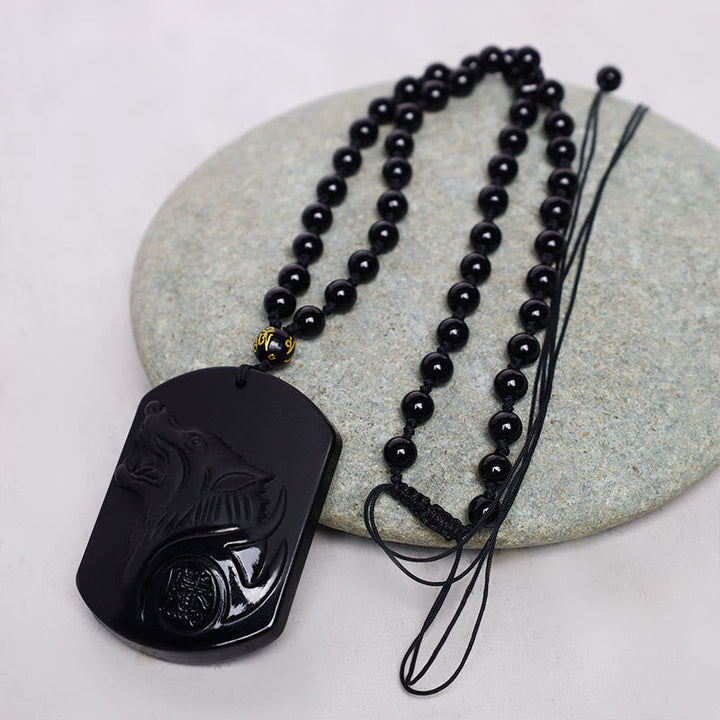 Anhänger Obsidian Wolf schwarze Perlenk ette Naturstein Gravur Schmuck