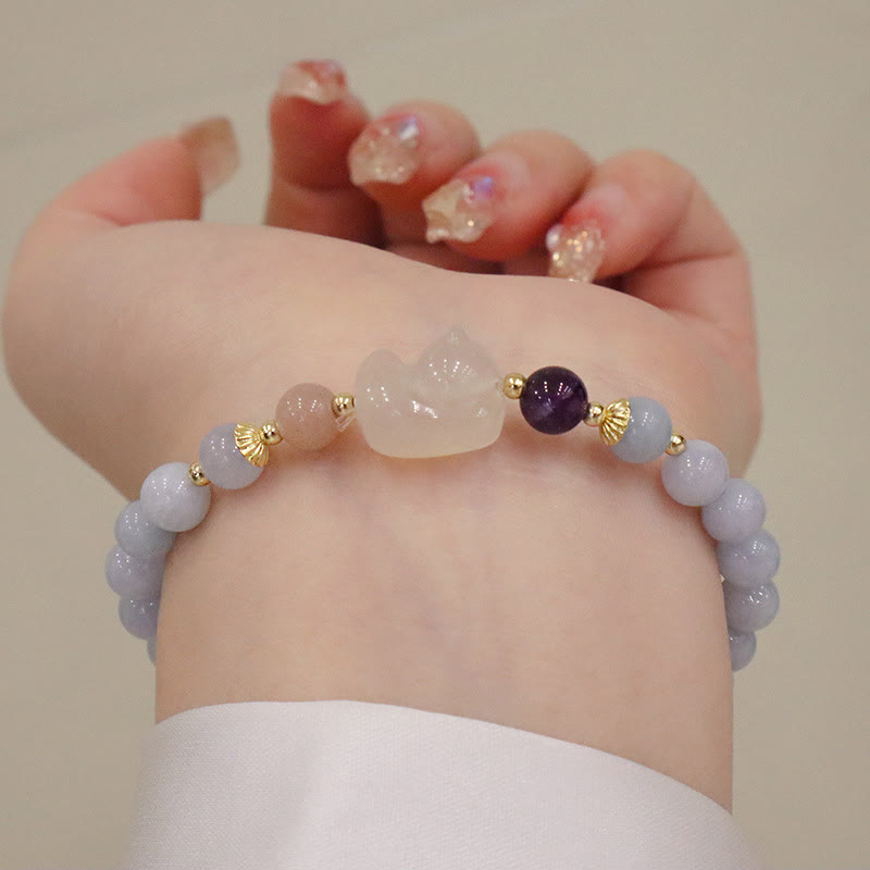 Armband Aquamarin Katze mit Amethyst Perlen Naturstein elegant.
