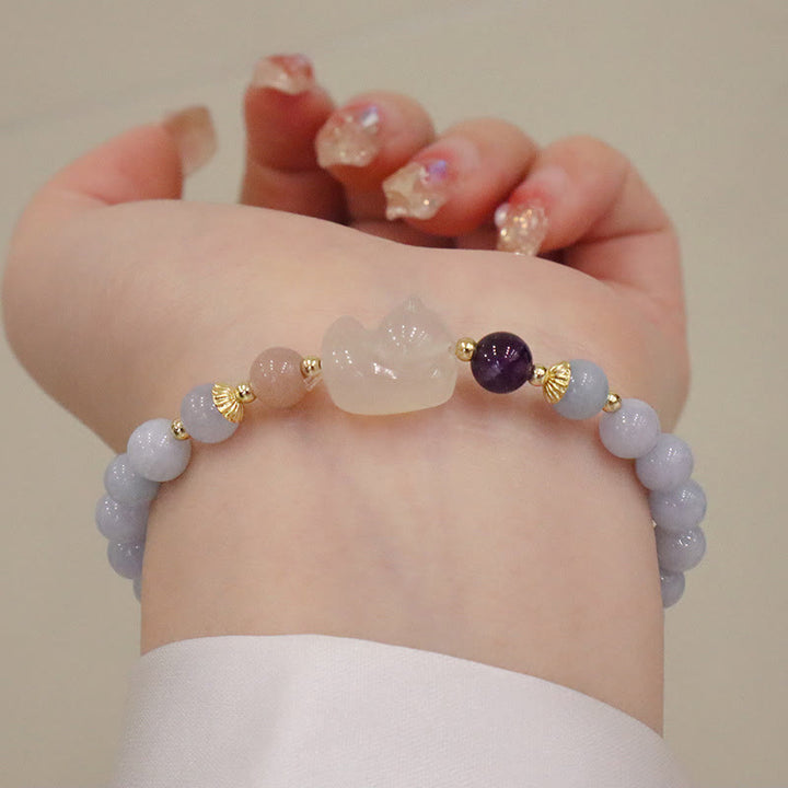 Armband Aquamarin Katze mit Amethyst Perlen Naturstein elegant.