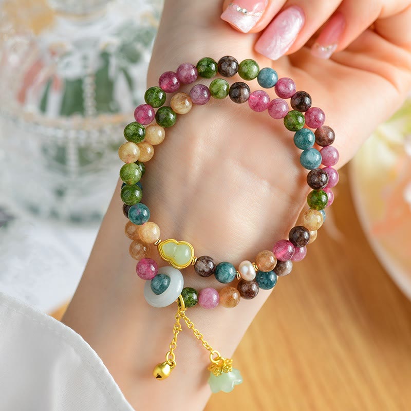 Buntes Tourmalin Kürbis Weisheit Doppel Armband Naturstein elastisch Handgelenk getragen