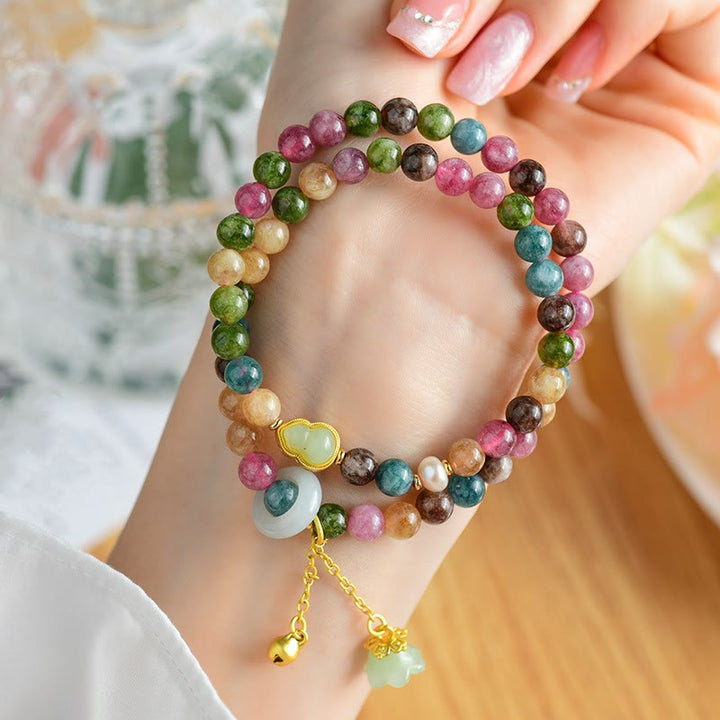 Buntes Tourmalin Kürbis Weisheit Doppel Armband Naturstein elastisch Handgelenk getragen