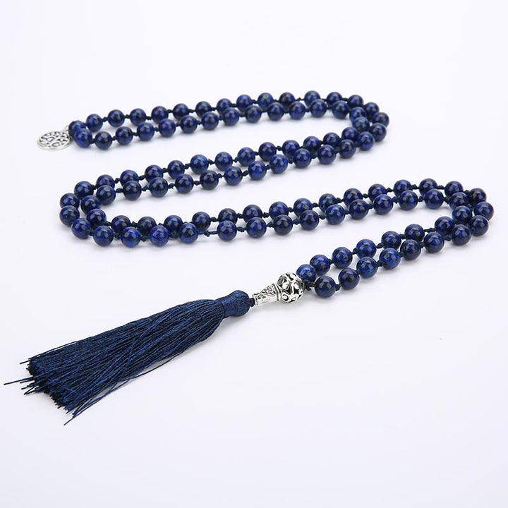 Lapis Lazuli Mala 108 Perlen Gebet Yoga Halskette mit Quaste Flachlage