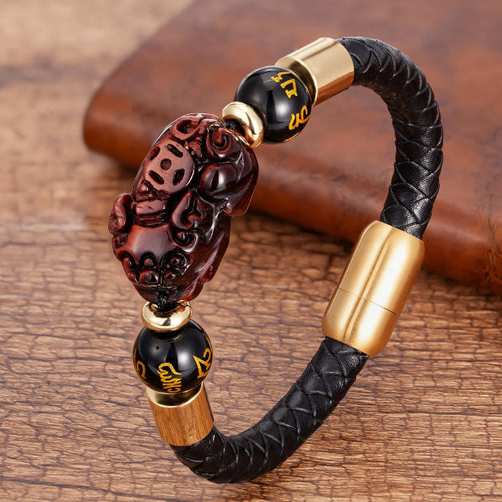 Schwarzes Leder Armband mit Pixiu Tigerauge Perlen elegant.