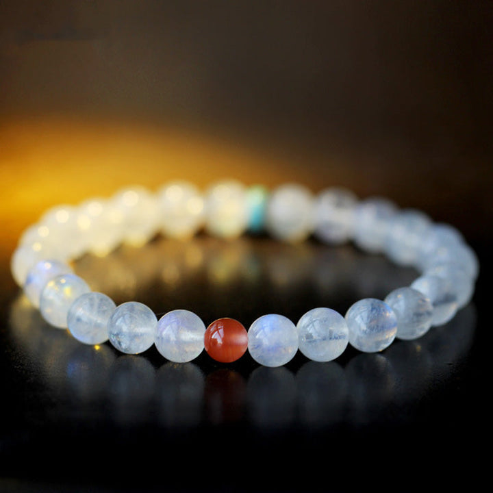 Mondstein Armband mit roten Achat Perlen elastisch Naturstein Schmuck