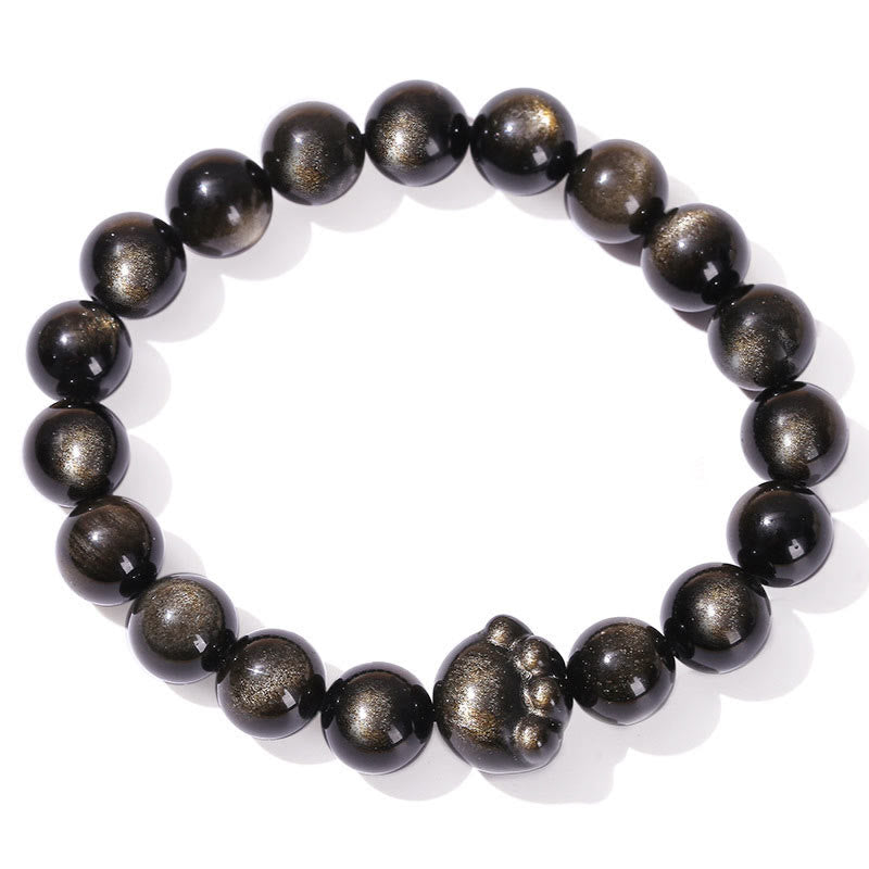 Obsidian Armband Silber Katze Wohlstand schwarze glänzende Perlen elastisch