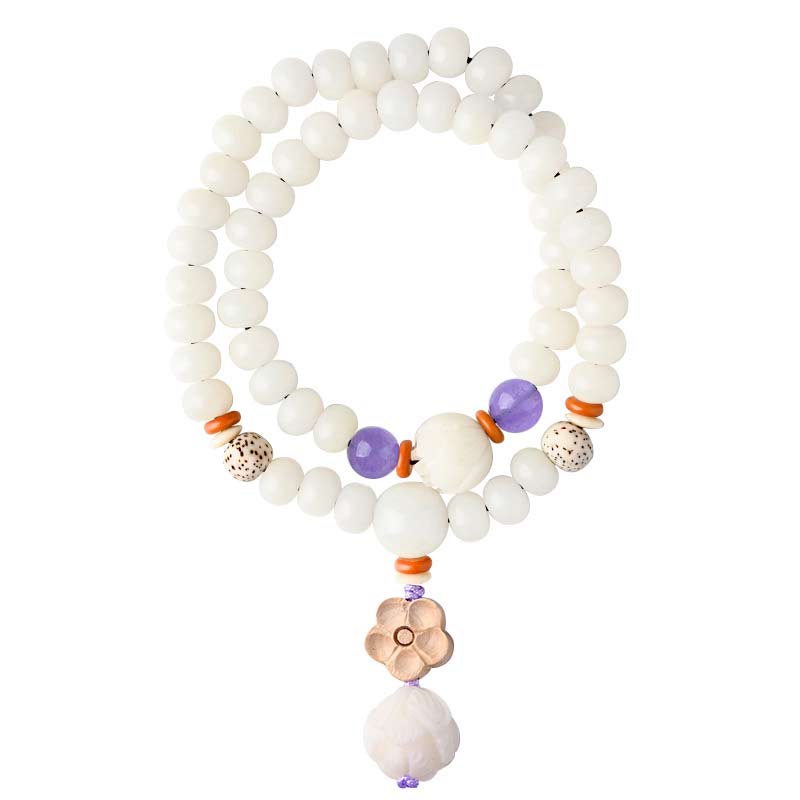 Armband Weiße Jade Bodhi Lotus mit lila Amethyst Perlen Segen